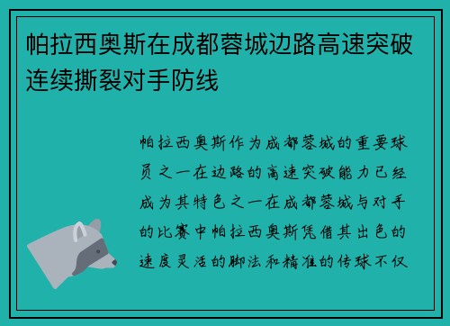 帕拉西奥斯在成都蓉城边路高速突破连续撕裂对手防线