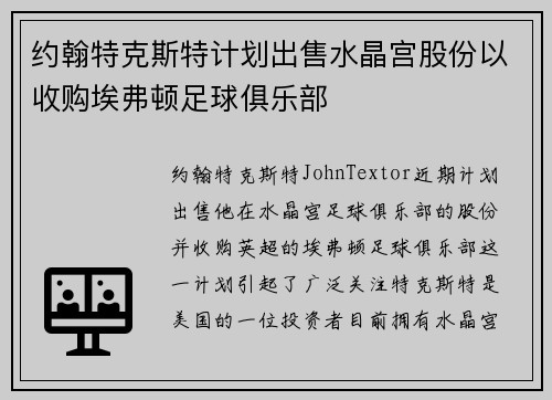 约翰特克斯特计划出售水晶宫股份以收购埃弗顿足球俱乐部